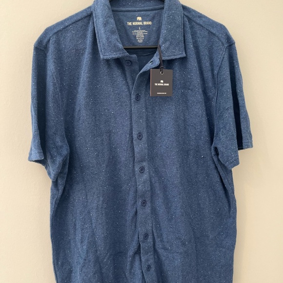 The Normal Brand Terry Towel Button Down in Navy, Size L - Picture 2 of 6